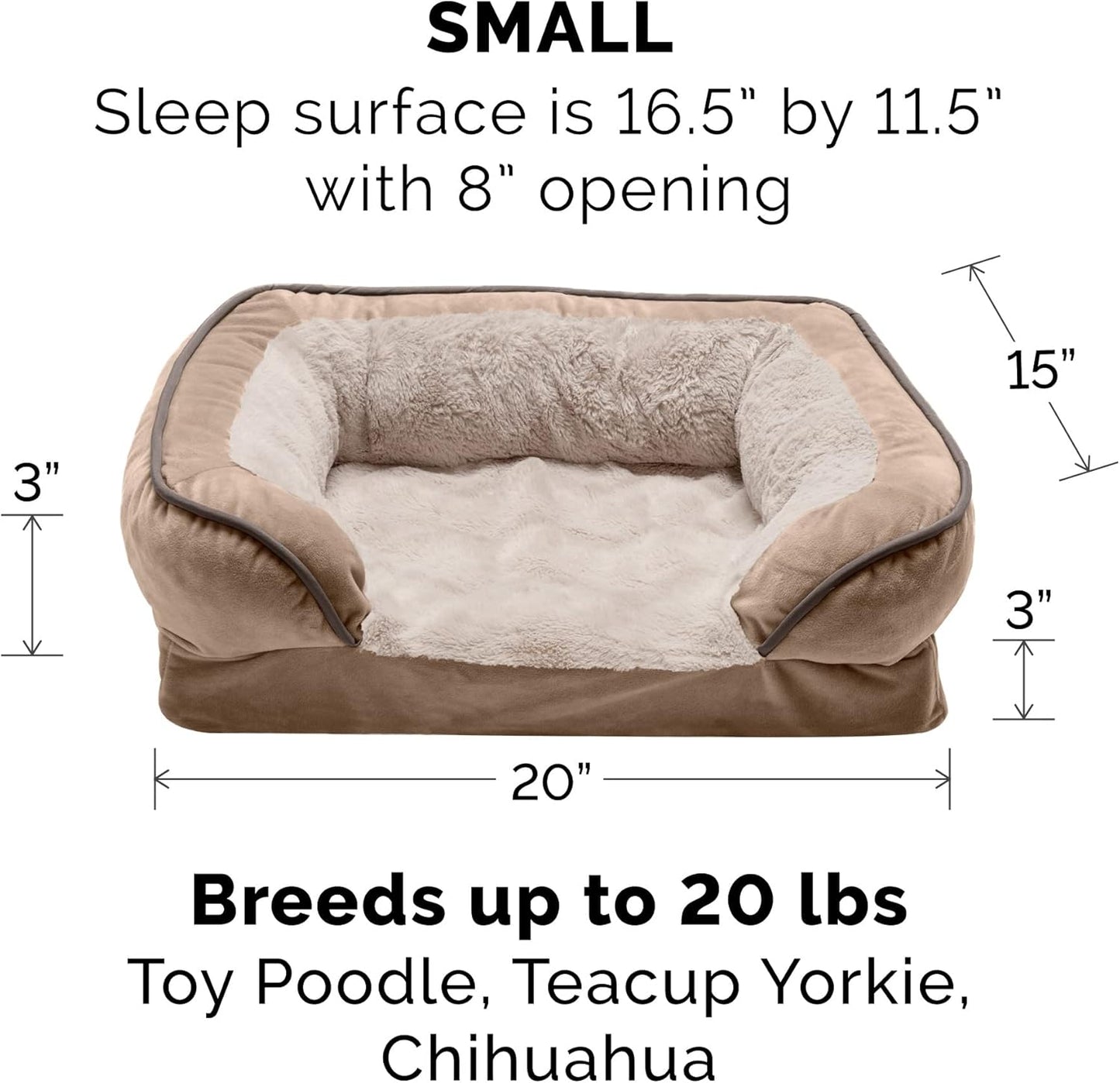 Memory Foam Dog Bed for Small Dogs W/ Removable Bolsters & Washable Cover, for Dogs up to 20 Lbs - Plush & Velvet Waves Perfect Comfort Sofa - Brownstone, Small