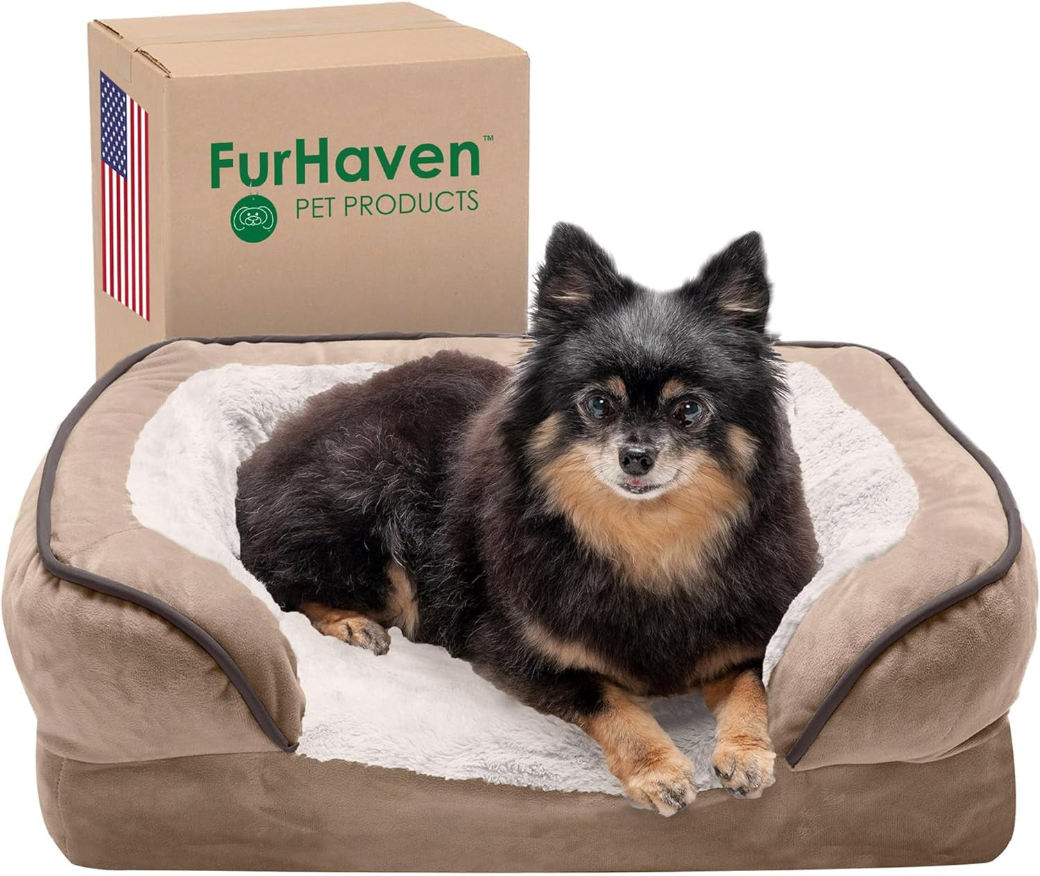 Memory Foam Dog Bed for Small Dogs W/ Removable Bolsters & Washable Cover, for Dogs up to 20 Lbs - Plush & Velvet Waves Perfect Comfort Sofa - Brownstone, Small