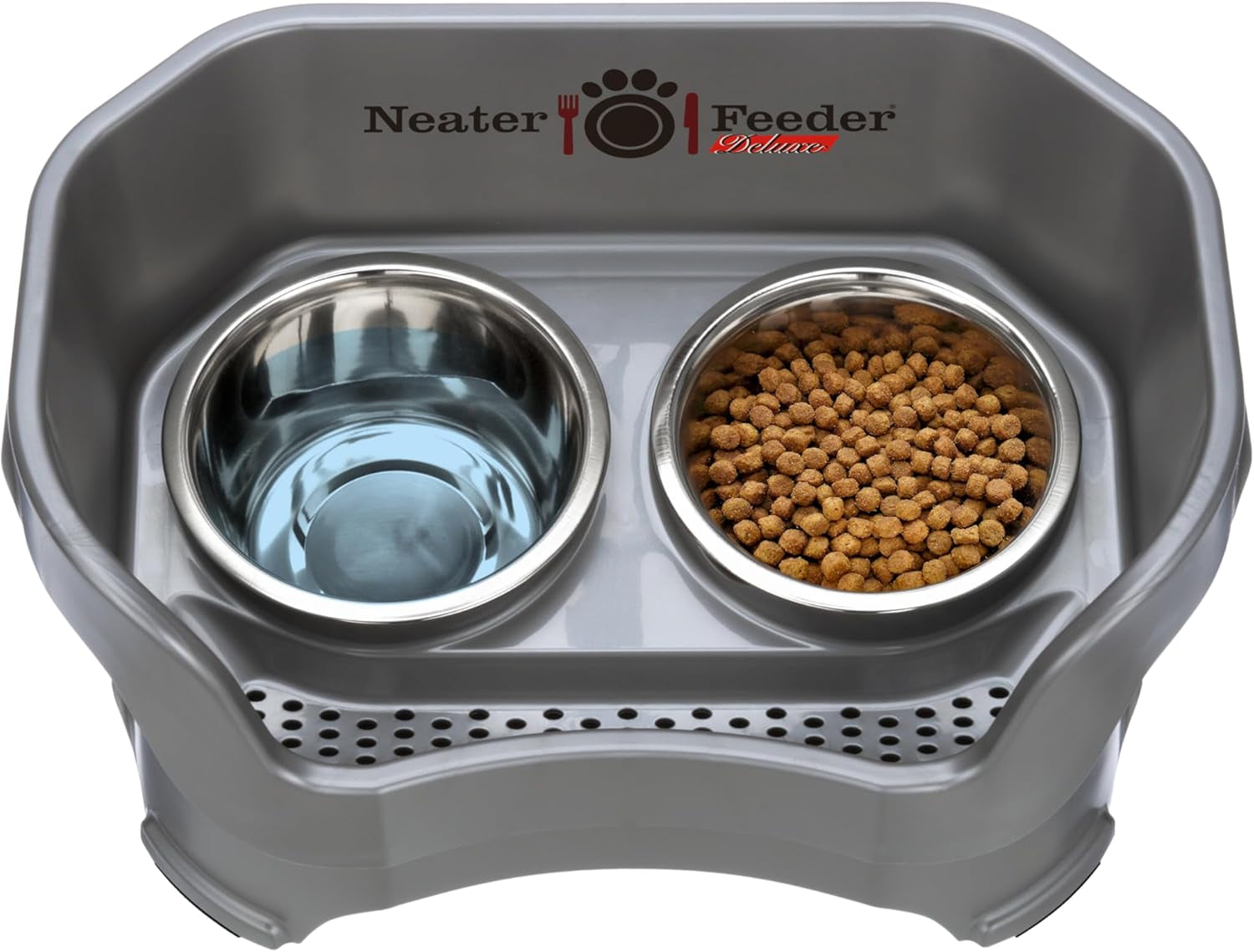 Neater Feeder Deluxe Mess Proof Dog Bowls Elevated for Medium Dogs 19-40 Lbs, Made in USA, No Spill Raised Dog Food Bowl Stand Feeding Station, Food and Water Bowl Set, Grey